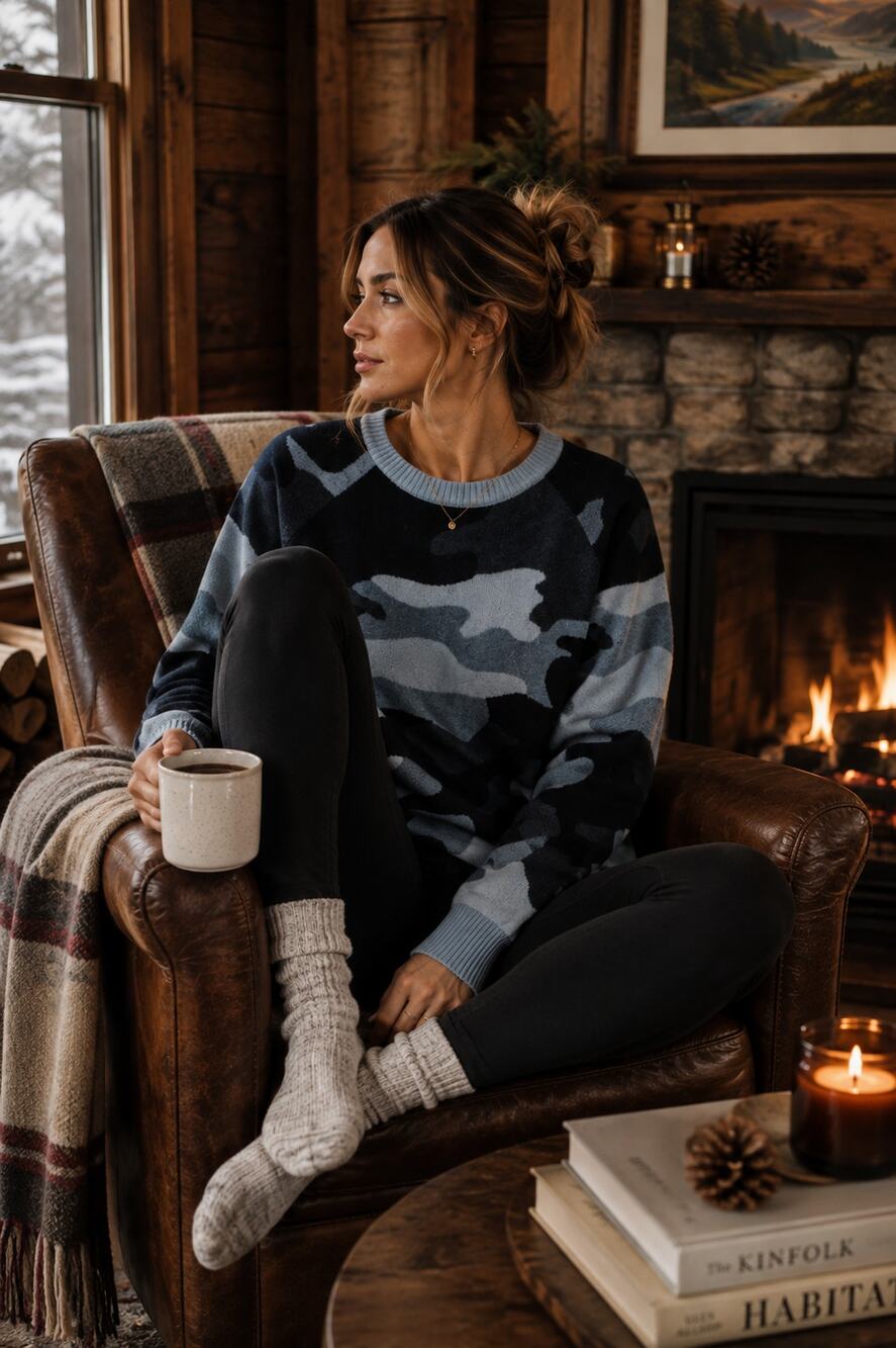 Two Bees Cashmere Wool Sweater Blue Gray Camo Crewneck Luxury Knit size XL